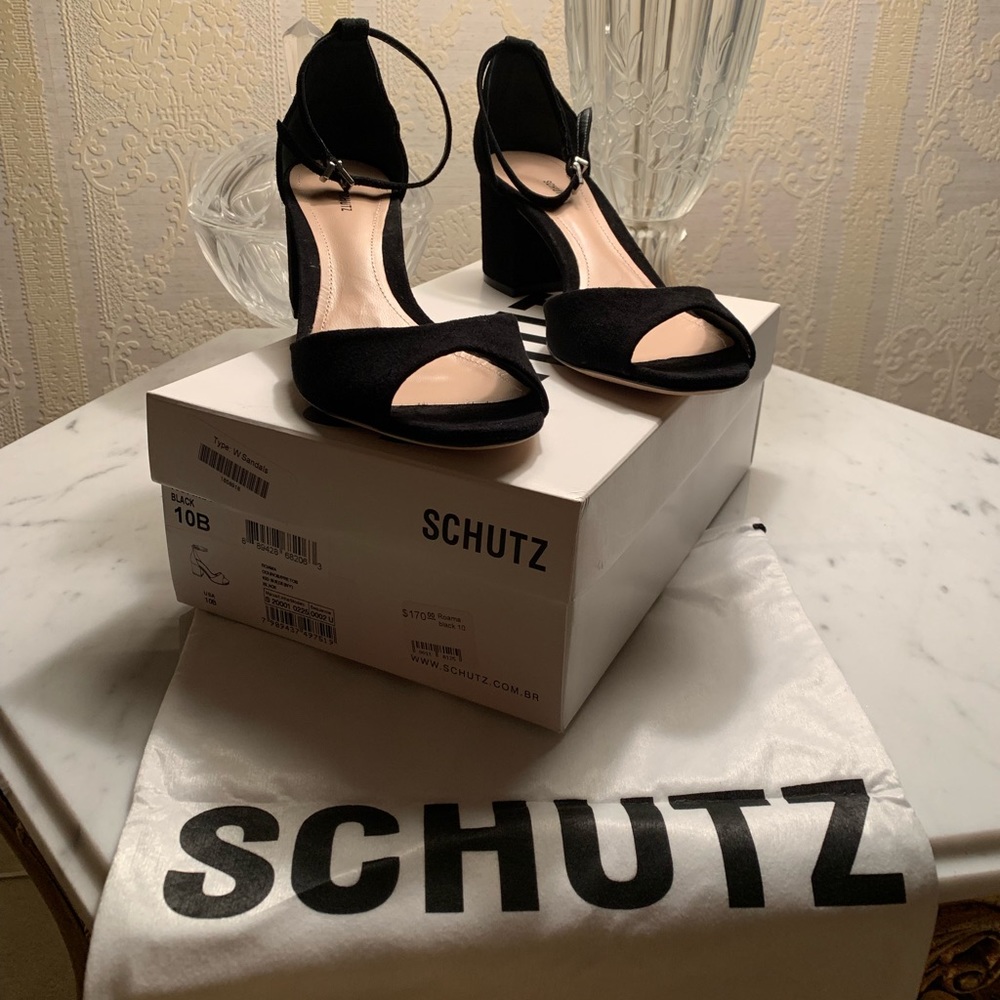 SCHUTZ Roama Black Kid Suede Stack Heel Sandal NIB